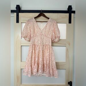 All in Favor Floral Puff Sleeve Mini Dress Cream Pink | Medium
